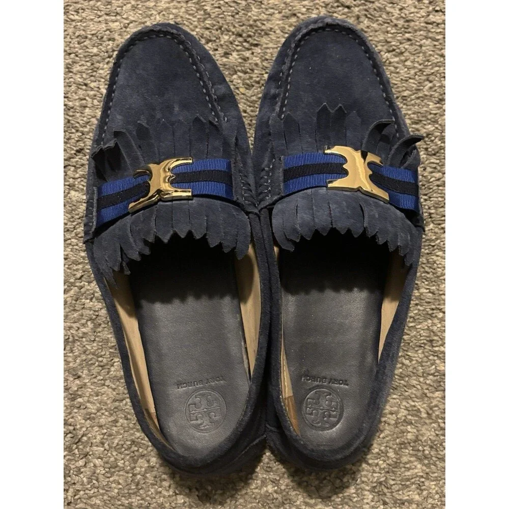 TORY BURCH Gemini Driver Blue Suede Loafers Fringe Size 11‎